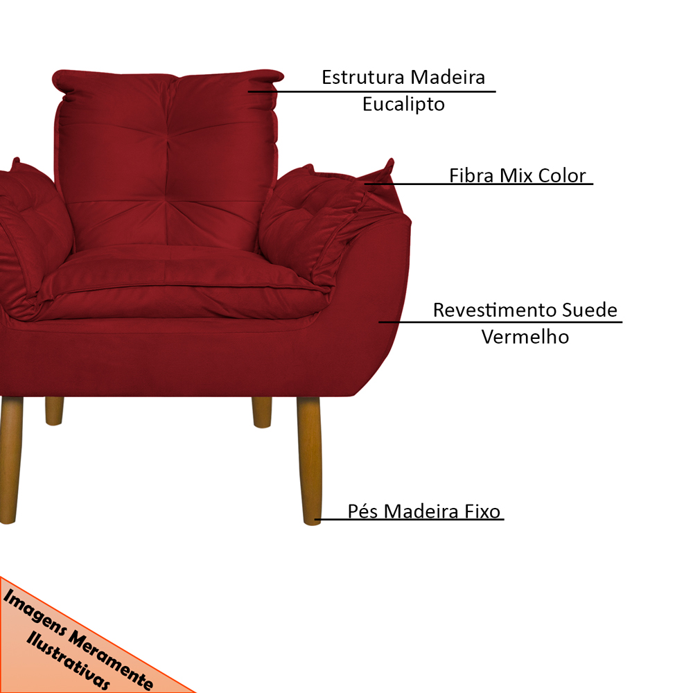 Kit 2 Poltronas Decorativa para Sala de Estar Opala Suede Vermelho - Montanaris Decor