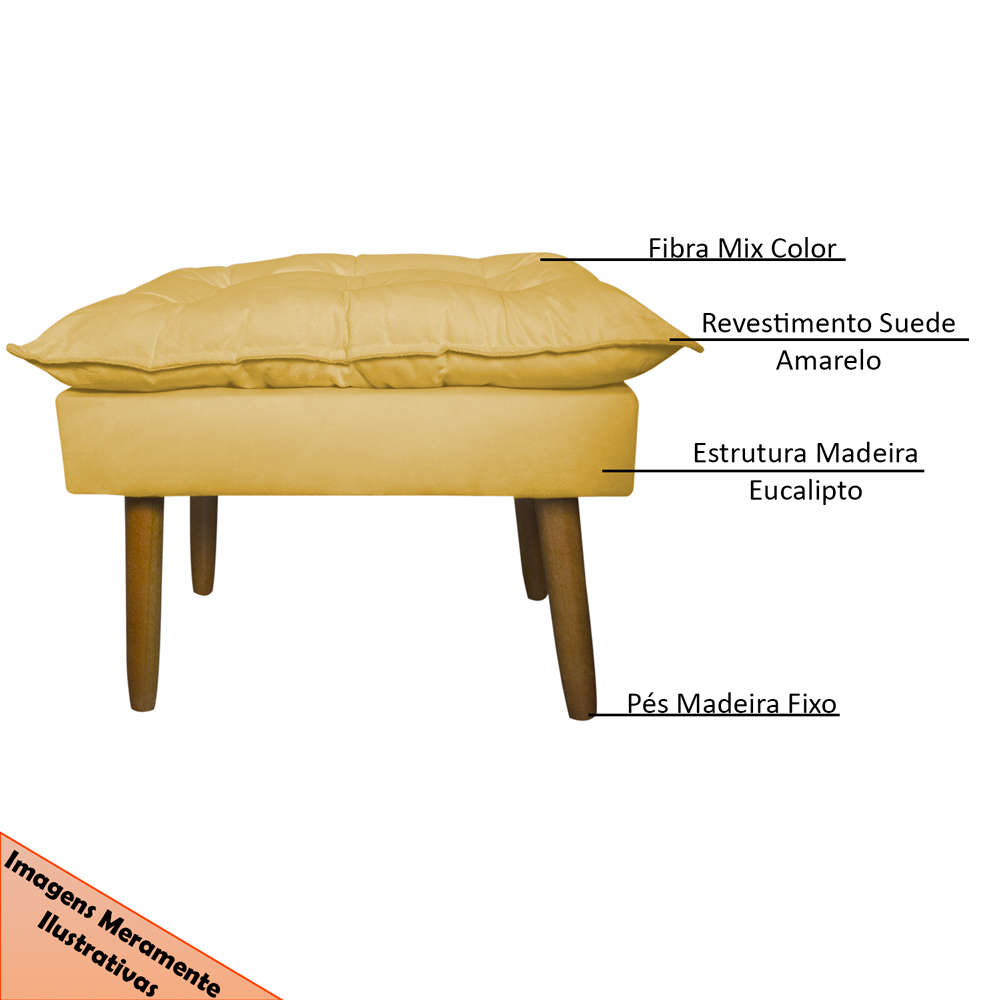 Kit 2 Puff Decorativo para Sala de Estar Opala Suede Amarelo - Montanaris Decor