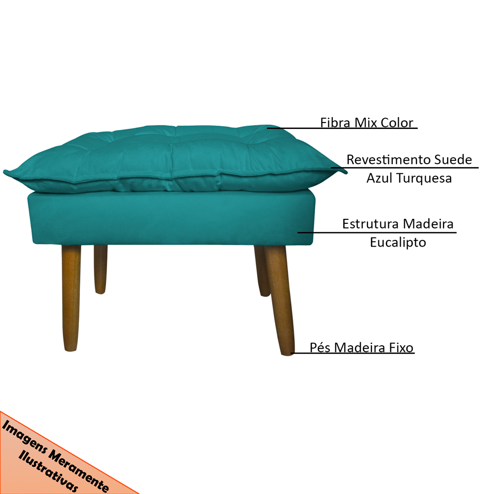 Kit 2 Puff Decorativo para Sala de Estar Opala Suede Azul Turquesa - Montanaris Decor