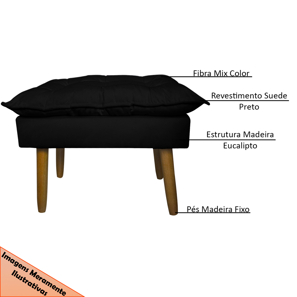 Kit 2 Puff Decorativo para Sala de Estar Opala Suede Preto - Montanaris Decor