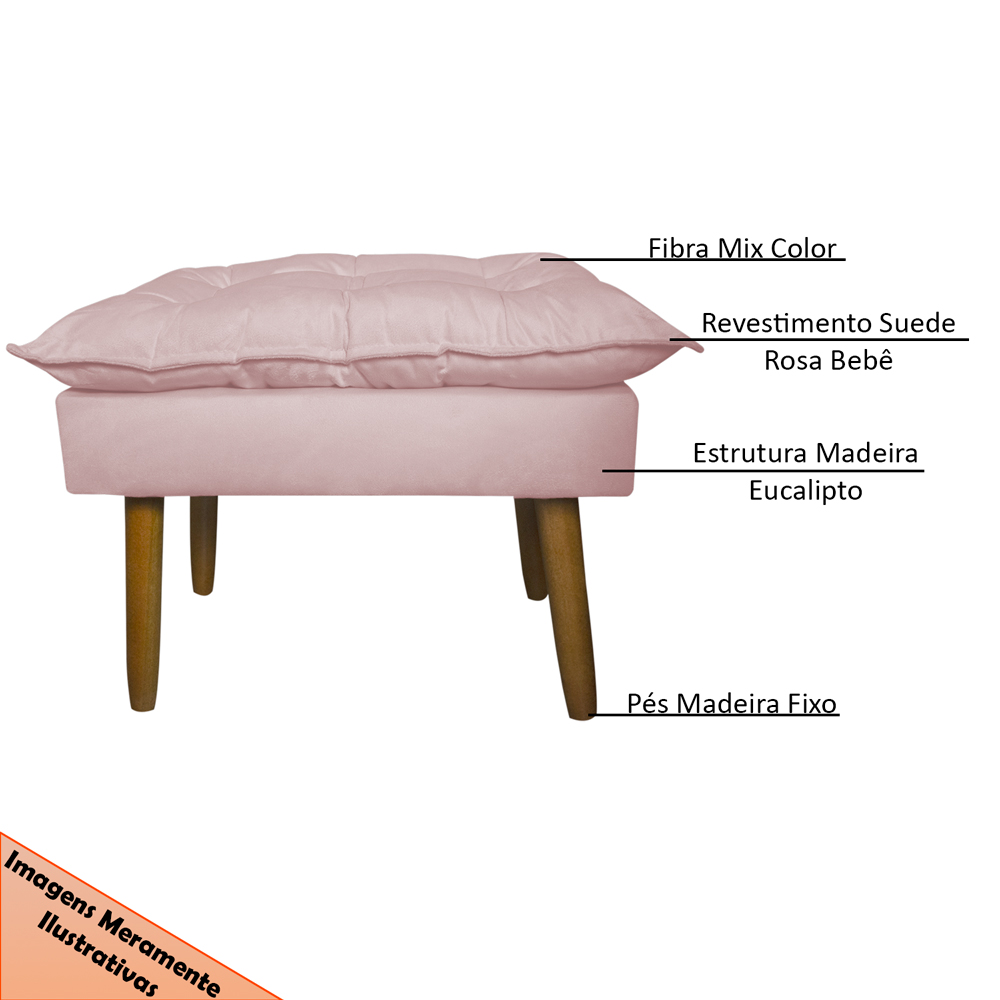 Kit 2 Puff Decorativo para Sala de Estar Opala Suede Rosa Claro - Montanaris Decor