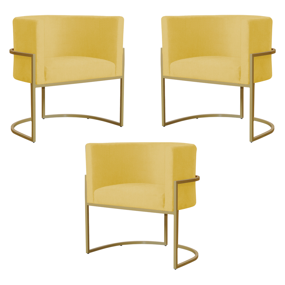 Kit 3 Poltronas Decorativa Sala de Estar Luana Base Gold Suede Amarelo - Montanaris Decor