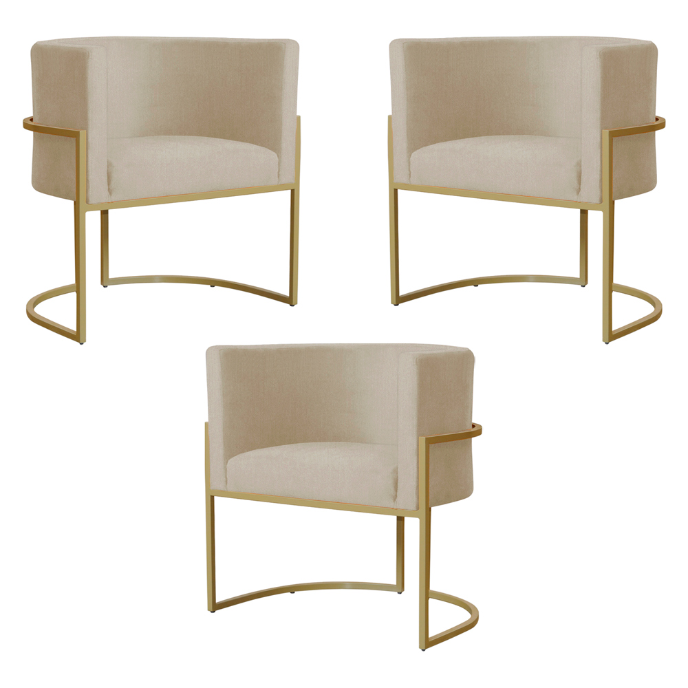 Kit 3 Poltronas Decorativa Sala de Estar Luana Base Gold Suede Bege - Montanaris Decor