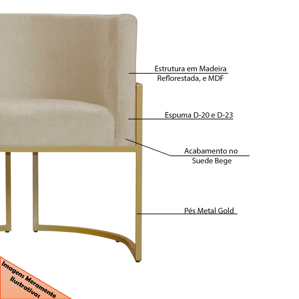 Kit 3 Poltronas Decorativa Sala de Estar Luana Base Gold Suede Bege - Montanaris Decor