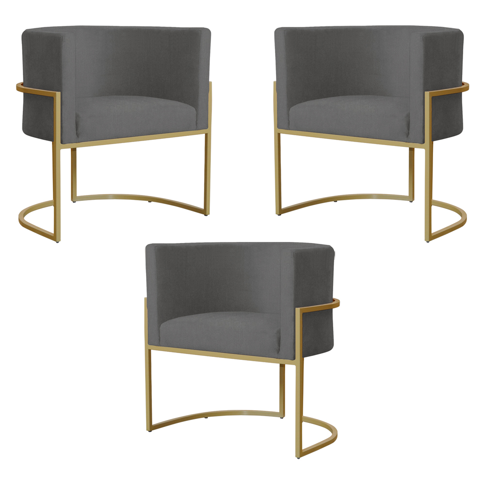 Kit 3 Poltronas Decorativa Sala de Estar Luana Base Gold Suede Cinza - Montanaris Decor