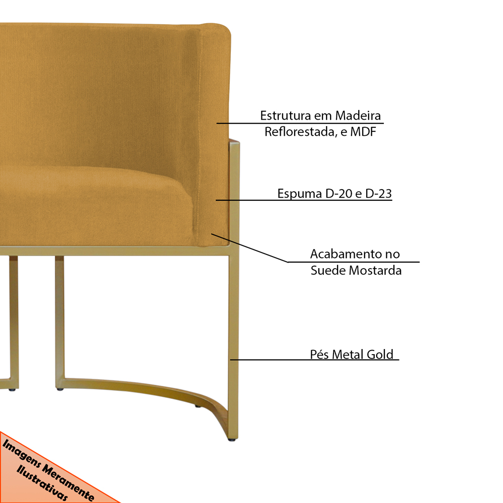 Kit 3 Poltronas Decorativa Sala de Estar Luana Base Gold Suede Mostarda - Montanaris Decor