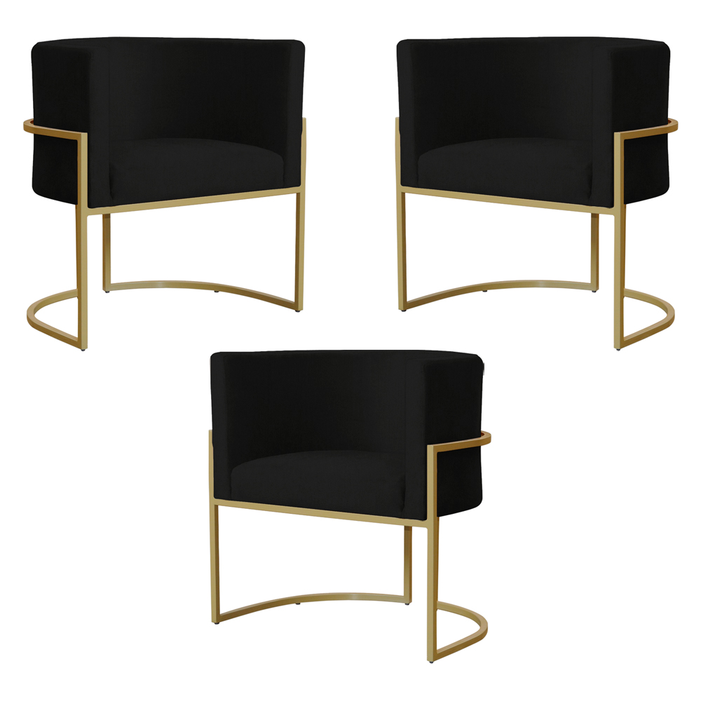 Kit 3 Poltronas Decorativa Sala de Estar Luana Base Gold Suede Preto - Montanaris Decor