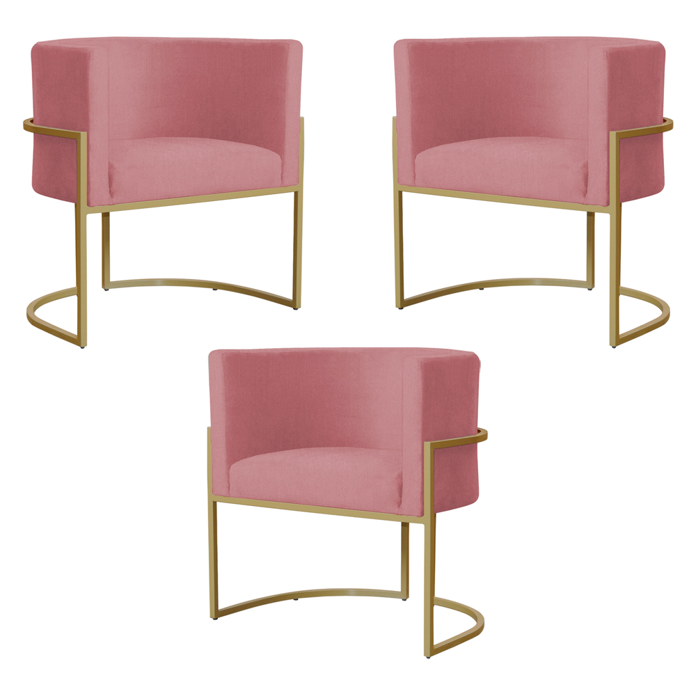 Kit 3 Poltronas Decorativa Sala de Estar Luana Base Gold Suede Rosa - Montanaris Decor