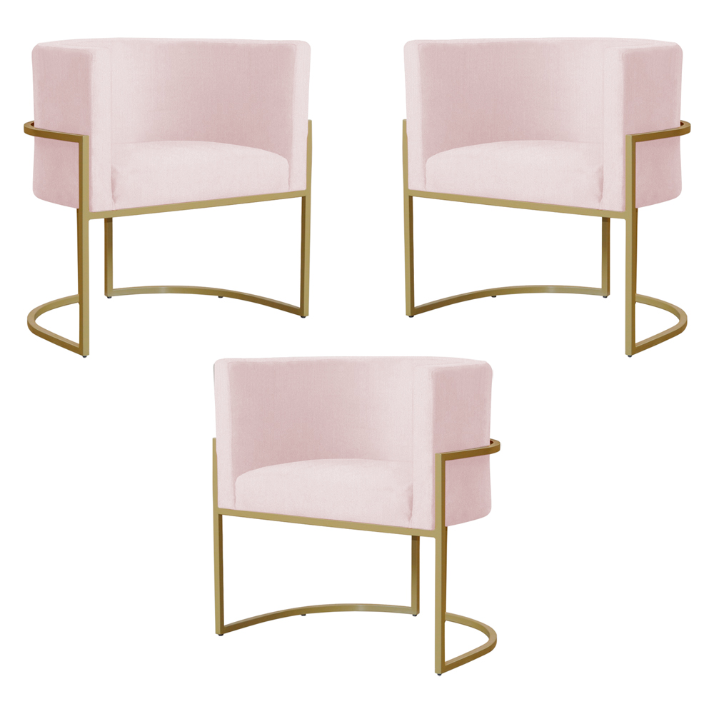 Kit 3 Poltronas Decorativa Sala de Estar Luana Base Gold Suede Rosa Claro - Montanaris Decor