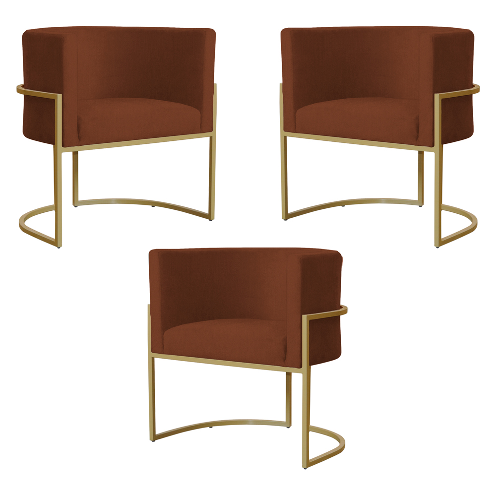 Kit 3 Poltronas Decorativa Sala de Estar Luana Base Gold Suede Terracota - Montanaris Decor