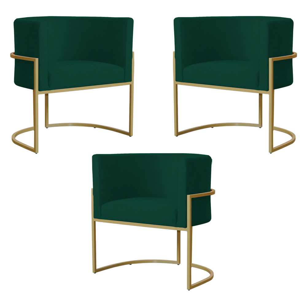 Kit 3 Poltronas Decorativa Sala de Estar Luana Base Gold Suede Verde - Montanaris Decor