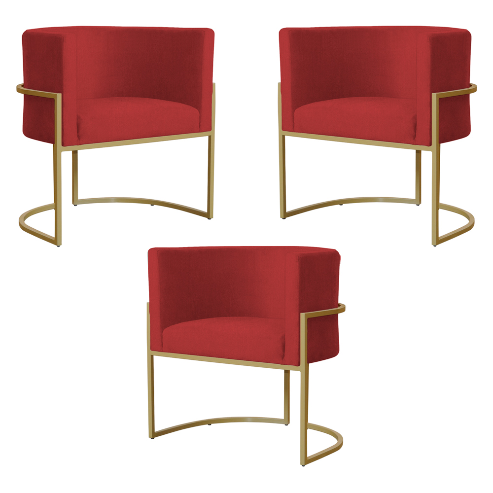 Kit 3 Poltronas Decorativa Sala de Estar Luana Base Gold Suede Vermelho - Montanaris Decor