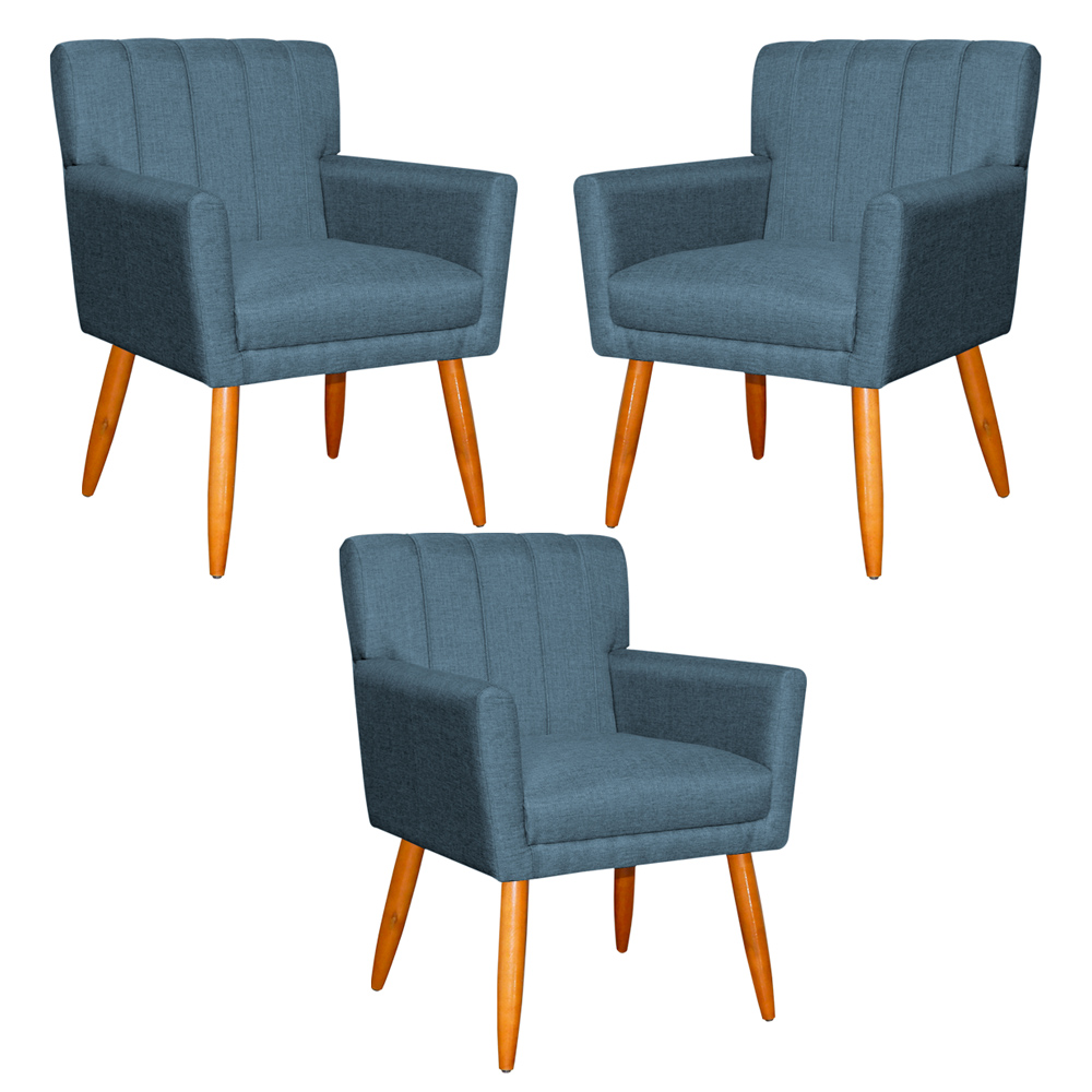 Kit 3 Poltronas Decorativa para Sala de Estar Cecília Linho Azul - Montanaris Decor