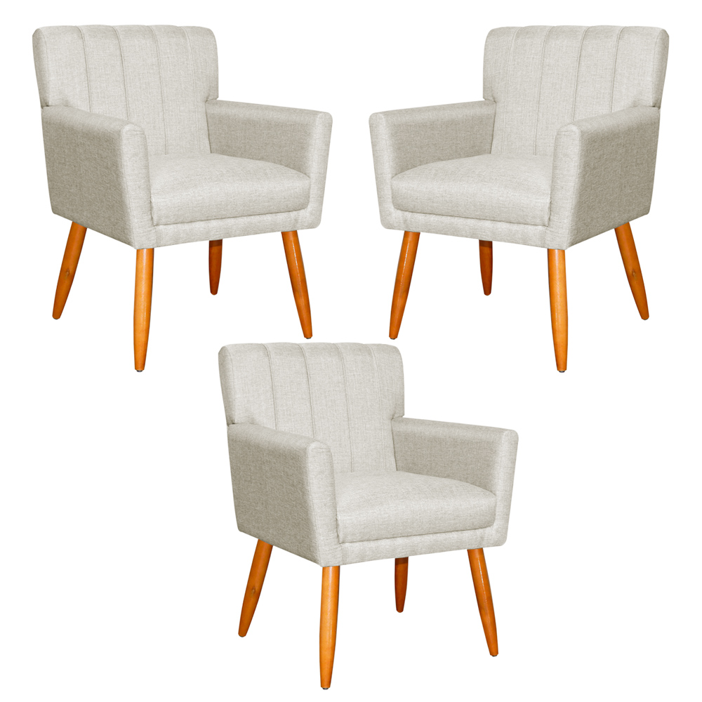 Kit 3 Poltronas Decorativa para Sala de Estar Cecília Linho Bege - Montanaris Decor