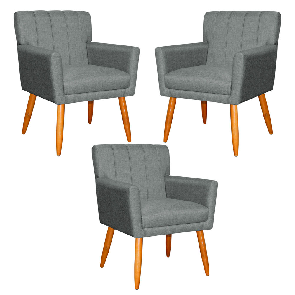 Kit 3 Poltronas Decorativa para Sala de Estar Cecília Linho Cinza - Montanaris Decor