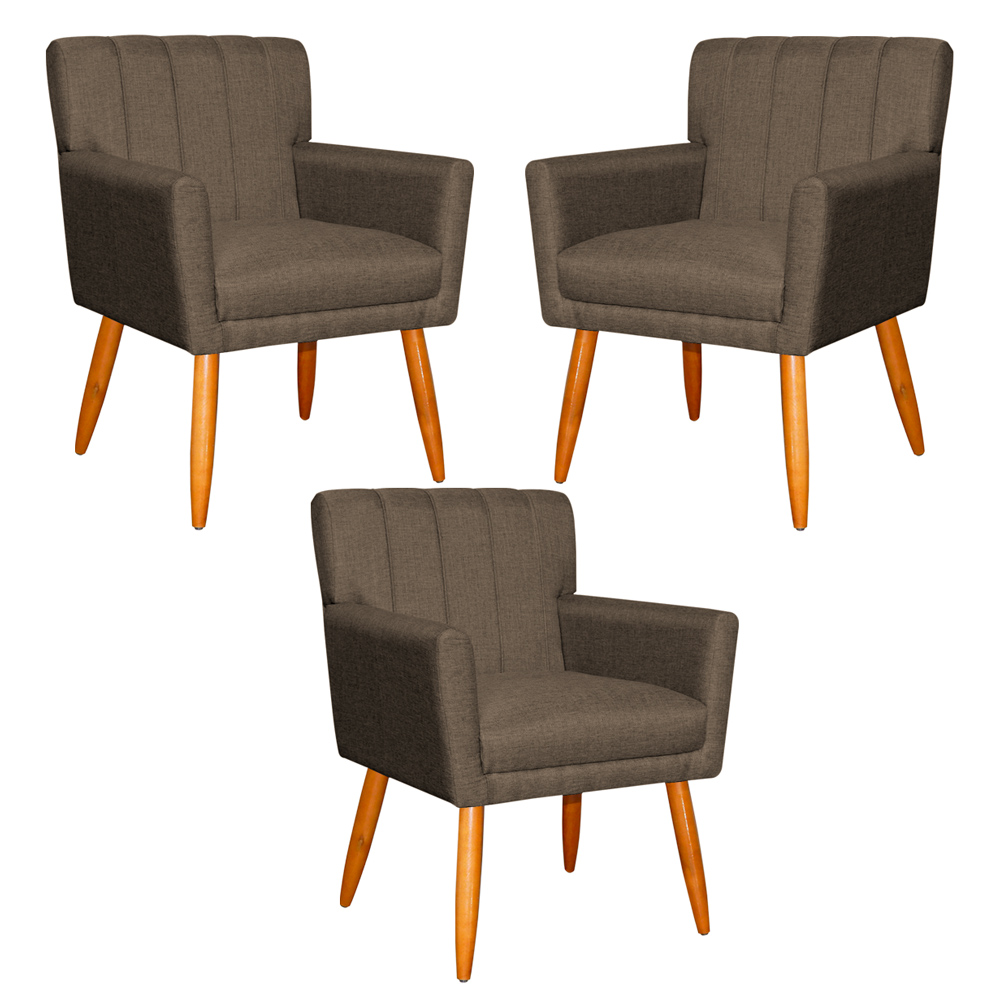 Kit 3 Poltronas Decorativa para Sala de Estar Cecília Linho Marrom - Montanaris Decor