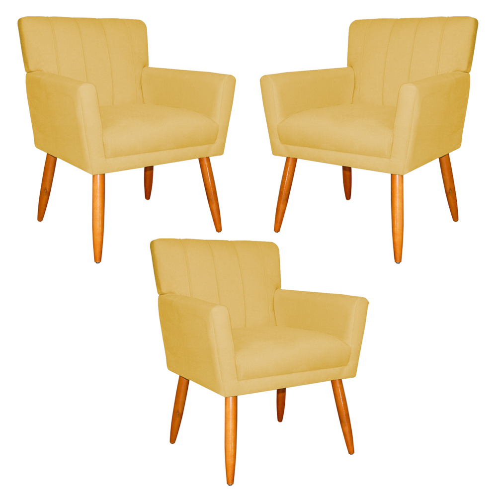 Kit 3 Poltronas Decorativa para Sala de Estar Cecília Suede Amarelo - Montanaris Decor