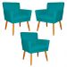 Kit 3 Poltronas Decorativa para Sala de Estar Cecília Suede Azul Turquesa - Montanaris Decor