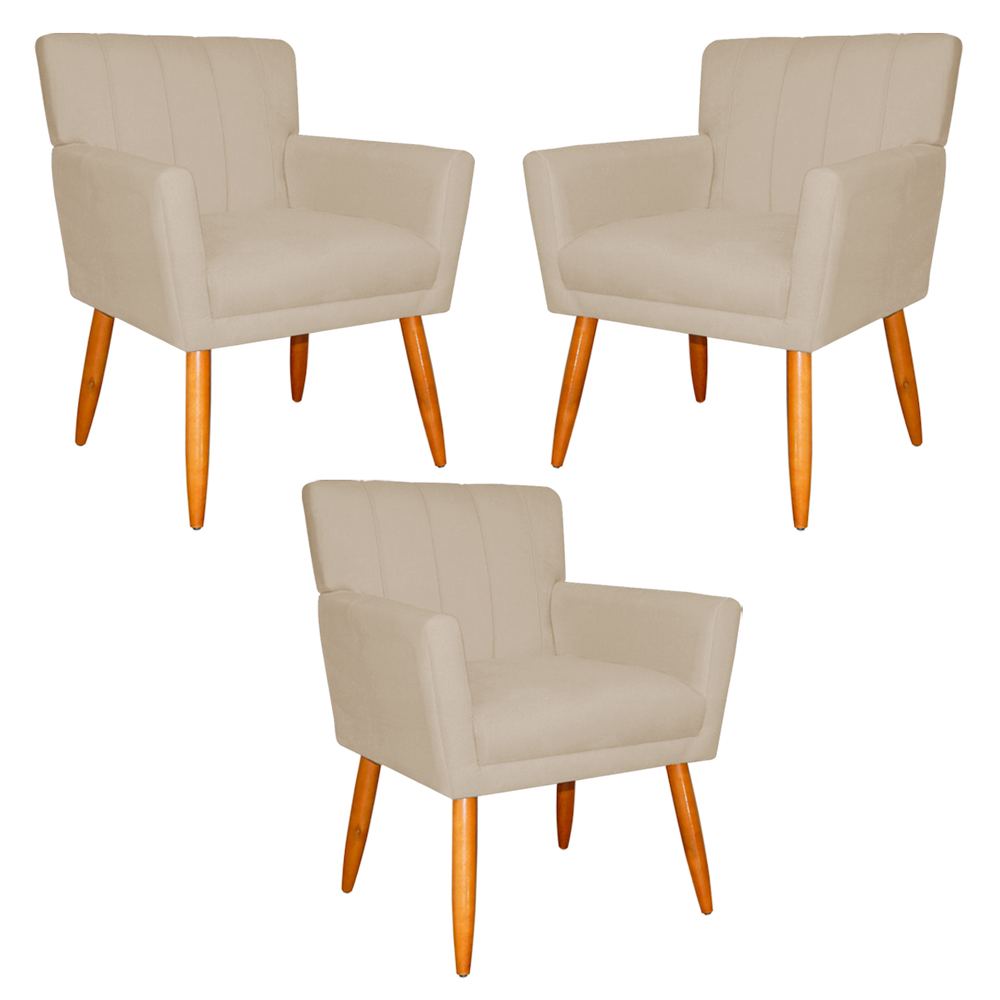 Kit 3 Poltronas Decorativa para Sala de Estar Cecília Suede Bege - Montanaris Decor