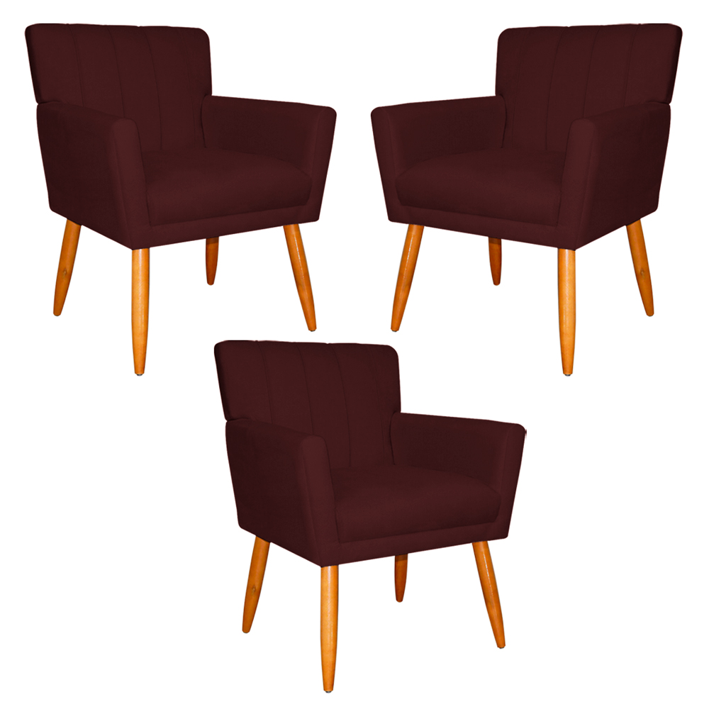 Kit 3 Poltronas Decorativa para Sala de Estar Cecília Suede Bordô - Montanaris Decor