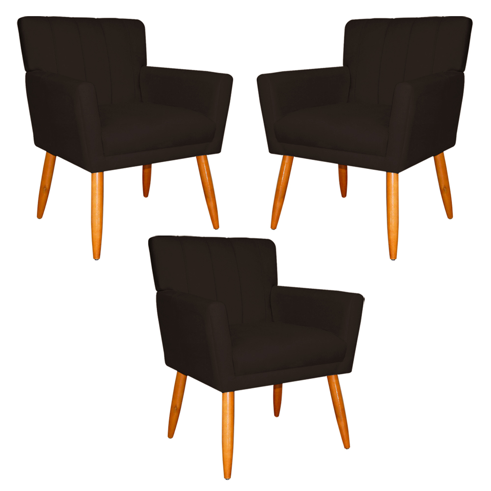 Kit 3 Poltronas Decorativa para Sala de Estar Cecília Suede Marrom- Montanaris Decor