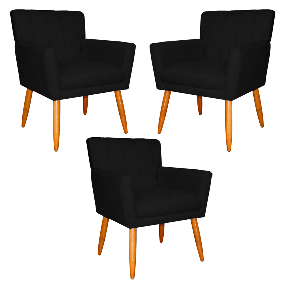 Kit 3 Poltronas Decorativa para Sala de Estar Cecília Suede Preto - Montanaris Decor