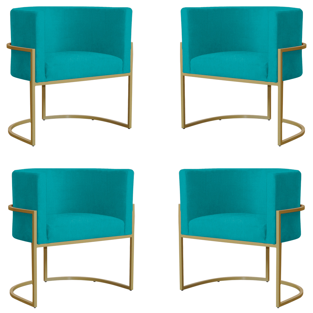 Kit 4 Poltronas Decorativa Sala de Estar Luana Base Gold Suede Azul Turquesa - Montanaris Decor