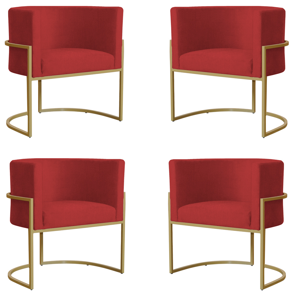 Kit 4 Poltronas Decorativa Sala de Estar Luana Base Gold Suede Vermelho - Montanaris Decor
