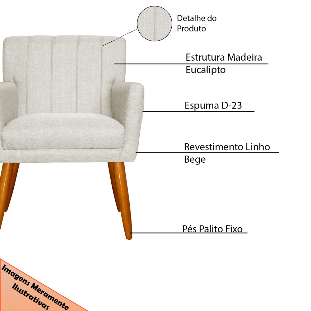 Kit 4 Poltronas Decorativa para Sala de Estar Cecília Linho Bege - Montanaris Decor