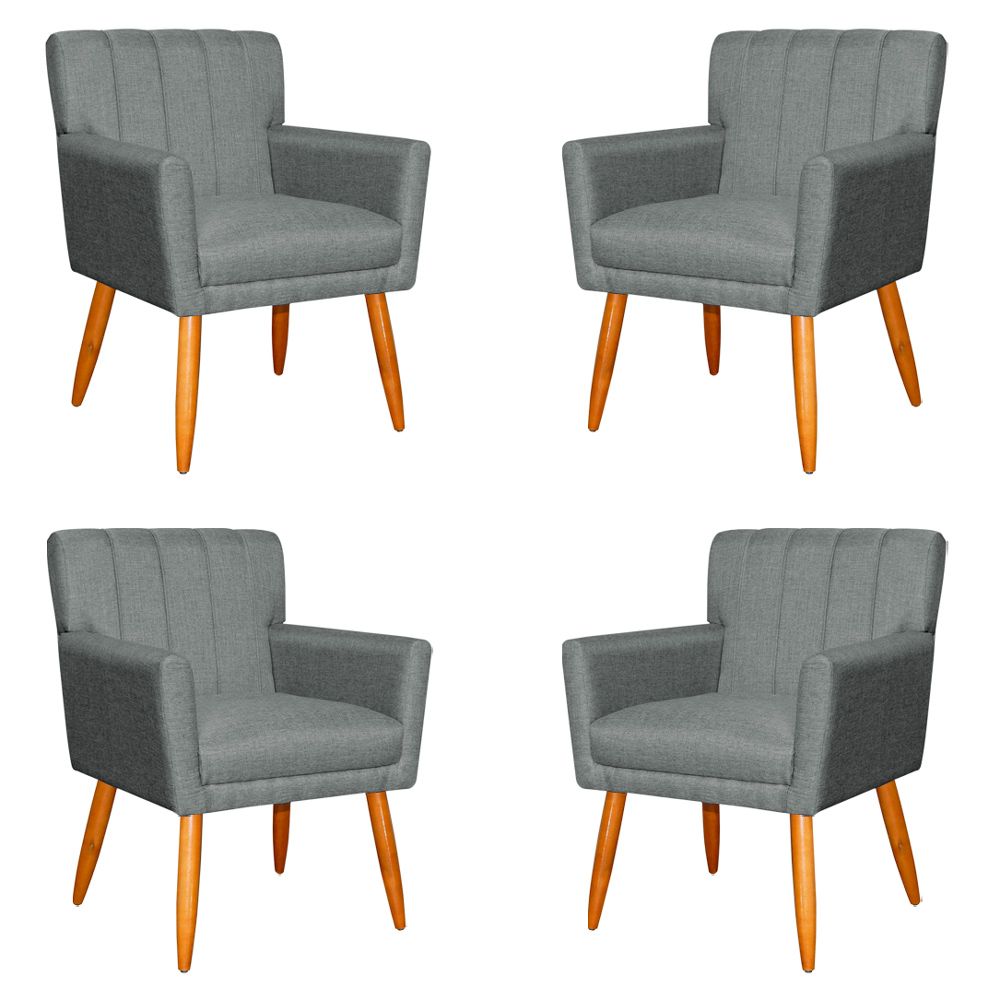 Kit 4 Poltronas Decorativa para Sala de Estar Cecília Linho Cinza - Montanaris Decor