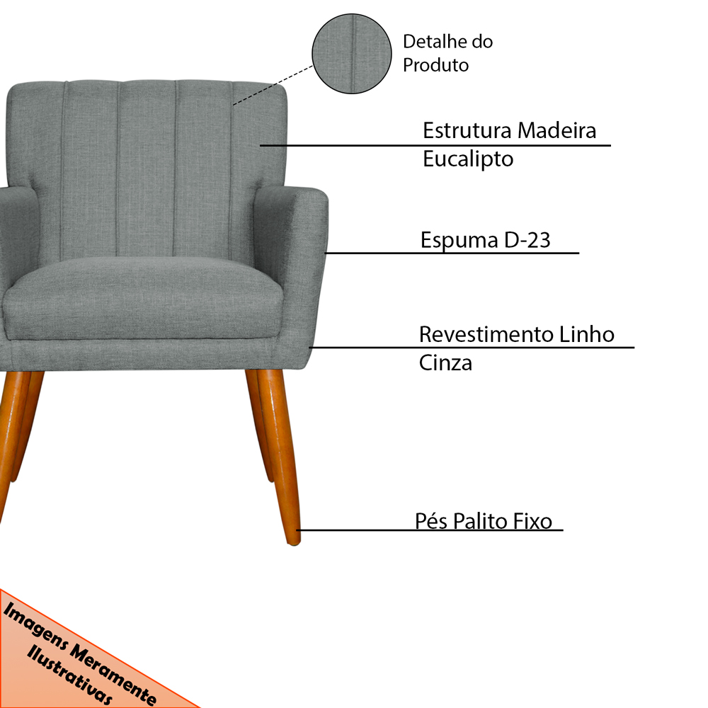 Kit 4 Poltronas Decorativa para Sala de Estar Cecília Linho Cinza - Montanaris Decor