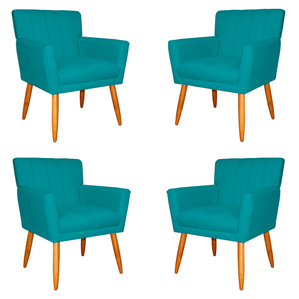 Kit 4 Poltronas Decorativa para Sala de Estar Cecília Suede Azul Turquesa - Montanaris Decor