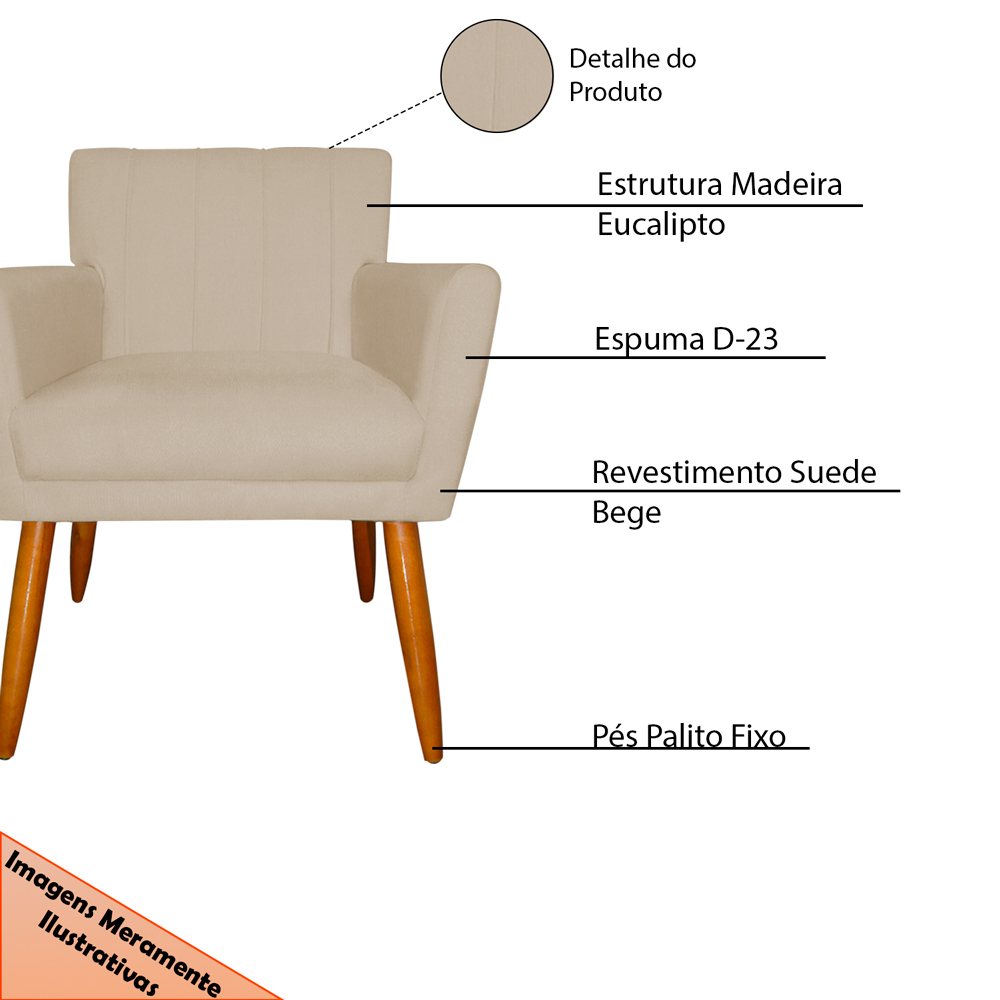 Kit 4 Poltronas Decorativa para Sala de Estar Cecília Suede Bege - Montanaris Decor