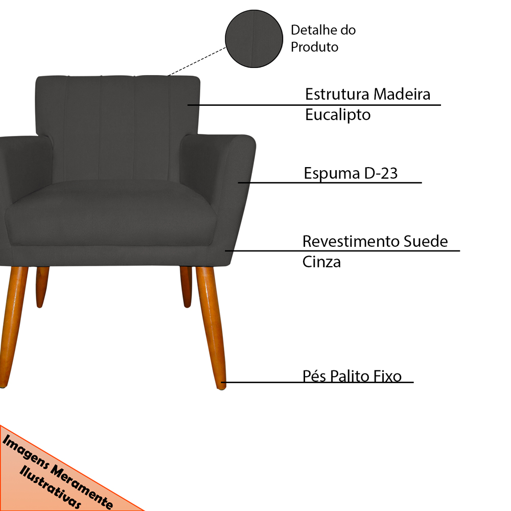Kit 4 Poltronas Decorativa para Sala de Estar Cecília Suede Cinza - Montanaris Decor