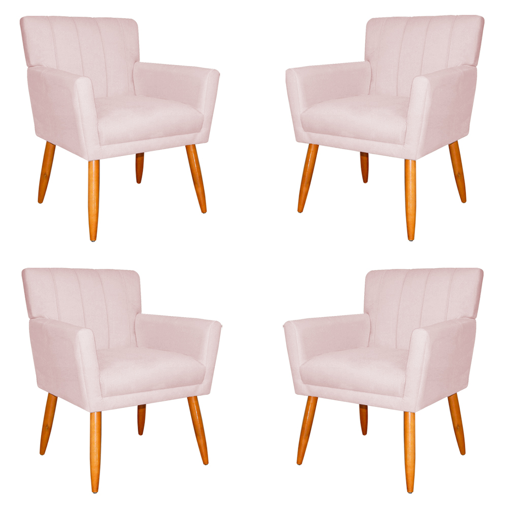 Kit 4 Poltronas Decorativa para Sala de Estar Cecília Suede Rosa Claro - Montanaris Decor
