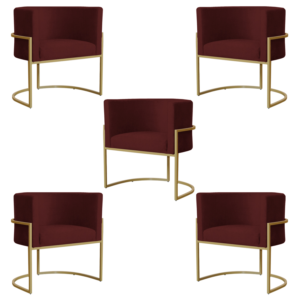Kit 5 Poltronas Decorativa Sala de Estar Luana Base Gold Suede Bordô - Montanaris Decor