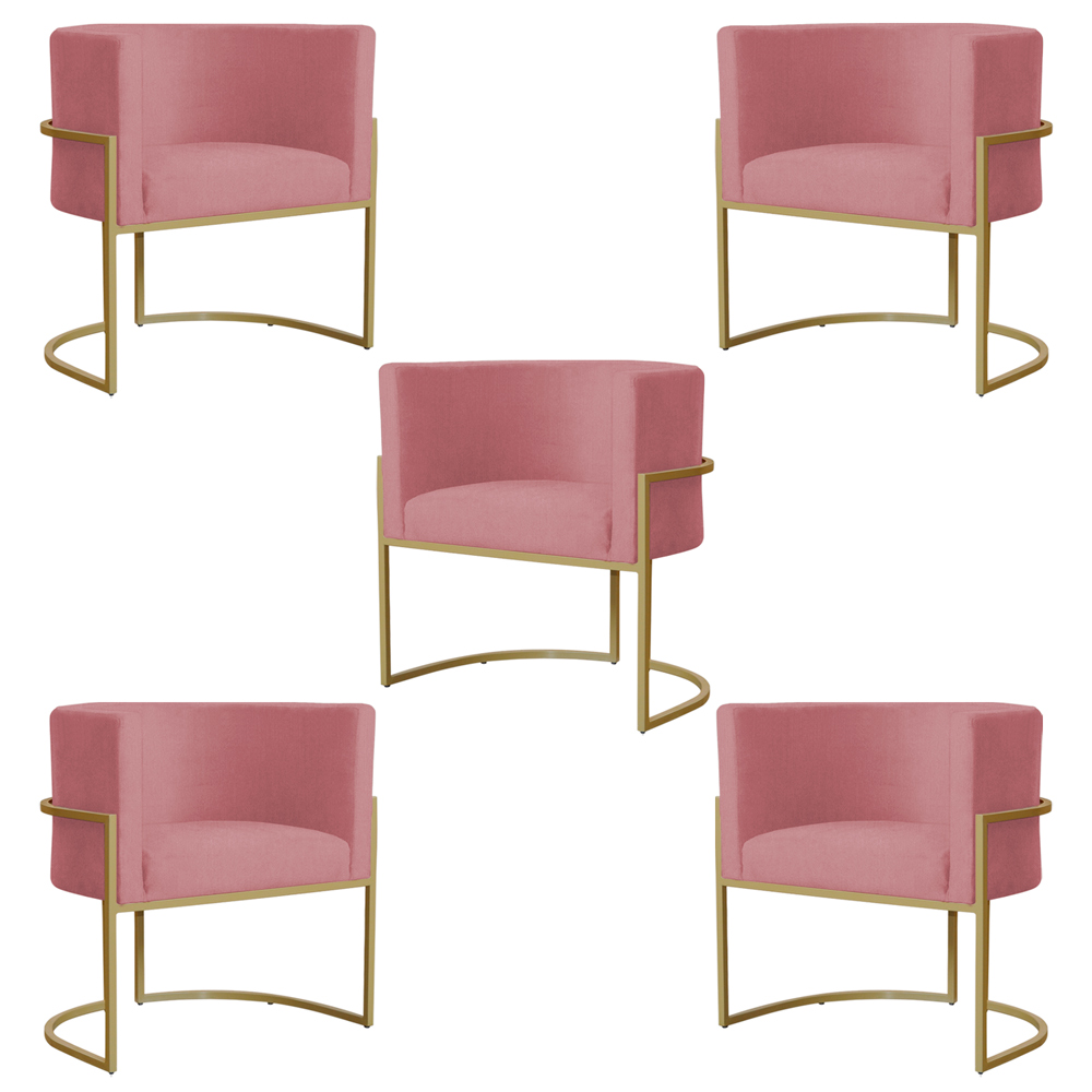 Kit 5 Poltronas Decorativa Sala de Estar Luana Base Gold Suede Rosa - Montanaris Decor