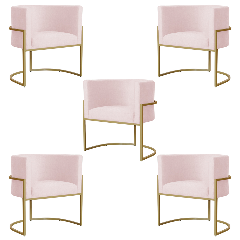 Kit 5 Poltronas Decorativa Sala de Estar Luana Base Gold Suede Rosa Claro - Montanaris Decor