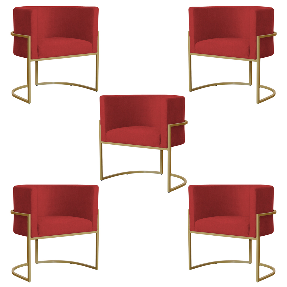 Kit 5 Poltronas Decorativa Sala de Estar Luana Base Gold Suede Vermelho - Montanaris Decor