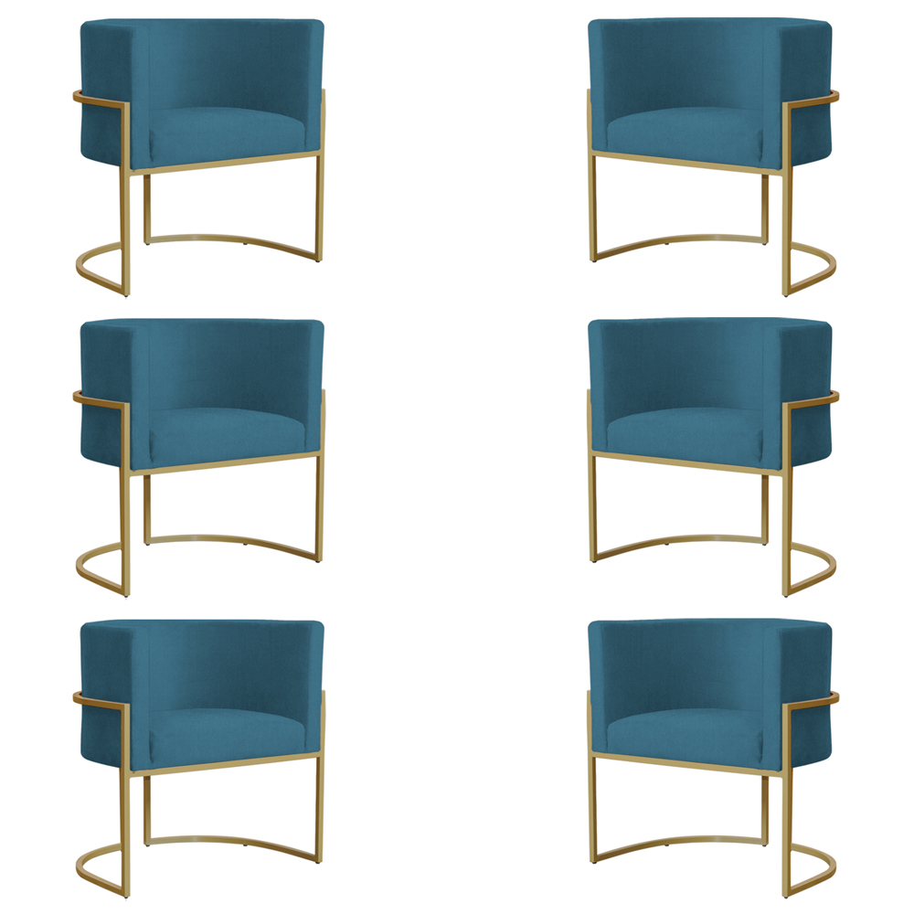 Kit 6 Poltronas Decorativa Sala de Estar Luana Base Gold Suede Azul - Montanaris Decor