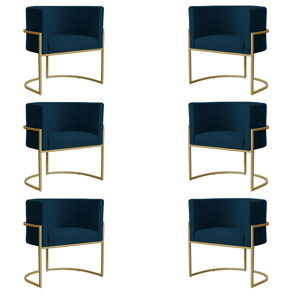 Kit 6 Poltronas Decorativa Sala de Estar Luana Base Gold Suede Azul Marinho - Montanaris Decor
