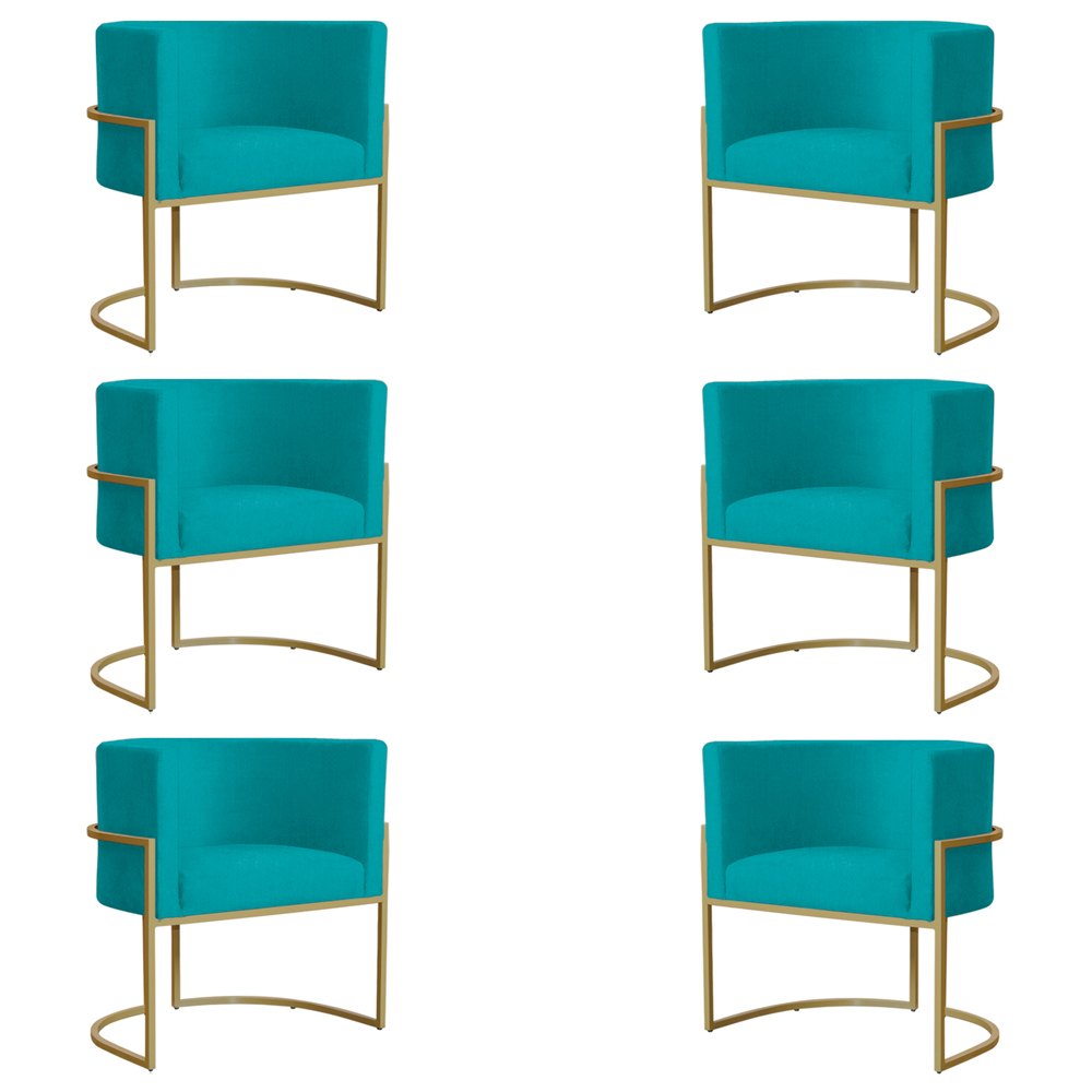 Kit 6 Poltronas Decorativa Sala de Estar Luana Base Gold Suede Azul Turquesa - Montanaris Decor