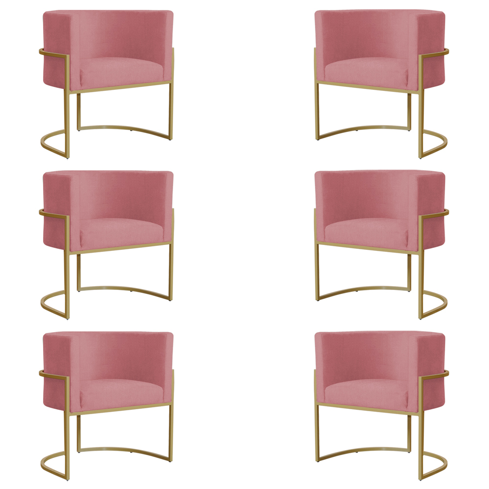 Kit 6 Poltronas Decorativa Sala de Estar Luana Base Gold Suede Rosa - Montanaris Decor