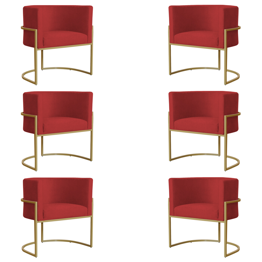Kit 6 Poltronas Decorativa Sala de Estar Luana Base Gold Suede Vermelho - Montanaris Decor