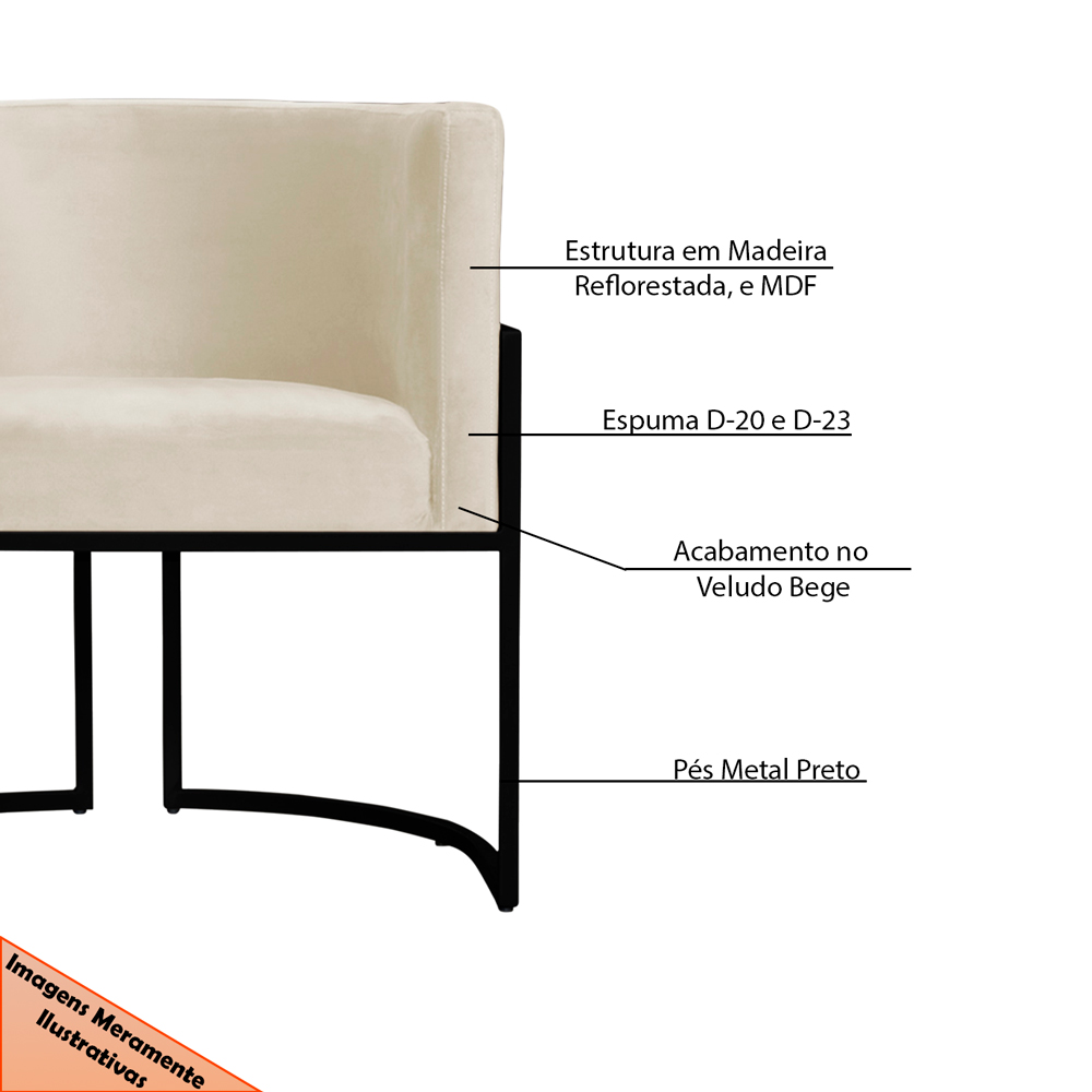 Poltrona Decorativa Sala de Estar Luana Base Preta Veludo Bege - Montanaris Decor