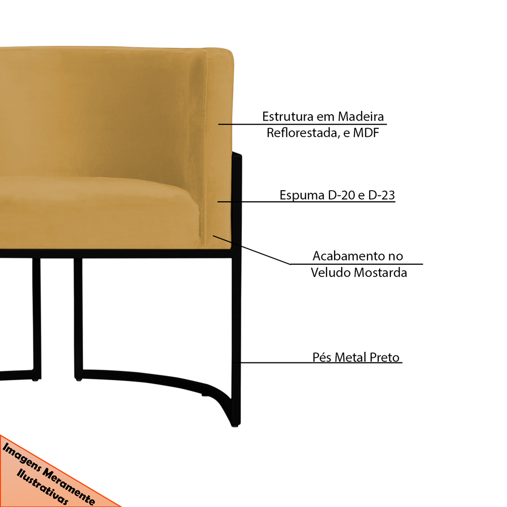 Poltrona Decorativa Sala de Estar Luana Base Preta Veludo Mostarda - Montanaris Decor