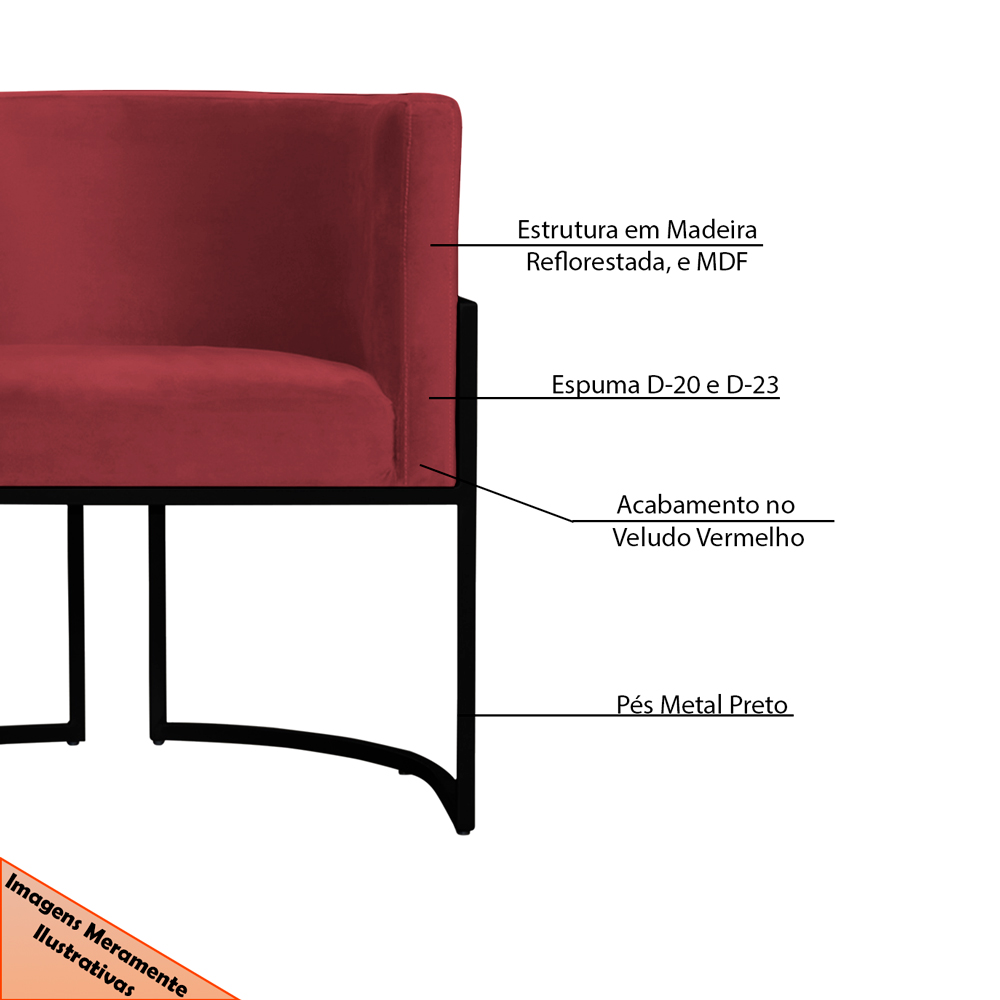 Poltrona Decorativa Sala de Estar Luana Base Preta Veludo Vermelho - Montanaris Decor