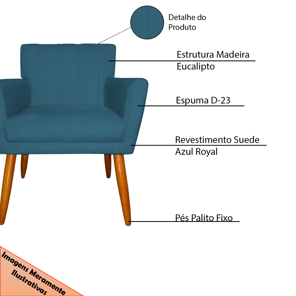 Poltrona Decorativa para Sala de Estar Cecília Suede Azul - Montanaris Decor