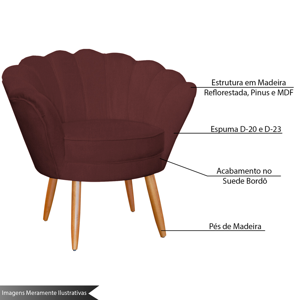 Poltrona Decorativa para Sala de Estar Charm Suede Bordô - Montanaris Decor
