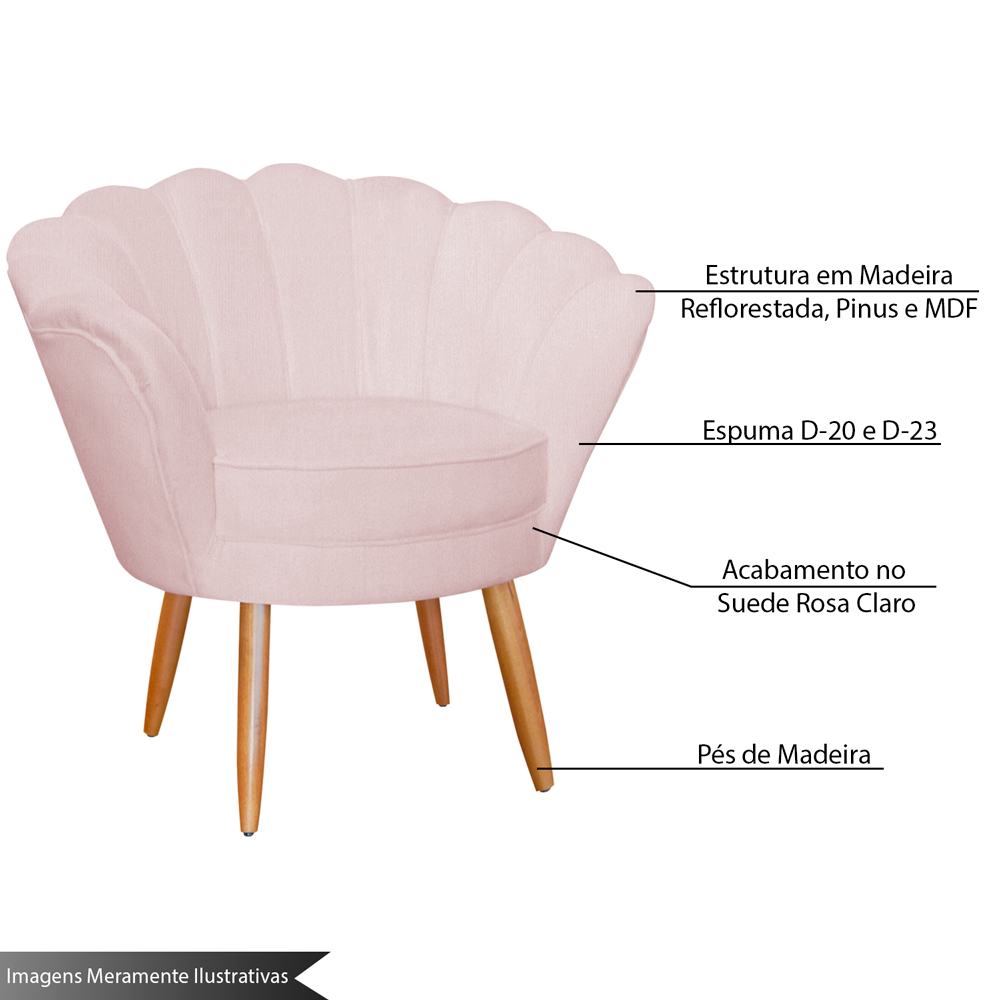 Poltrona Decorativa para Sala de Estar Charm Suede Rosa Claro - Montanaris Decor